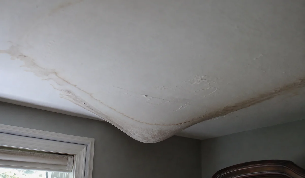 Sagging ceiling drywall from water accumulation