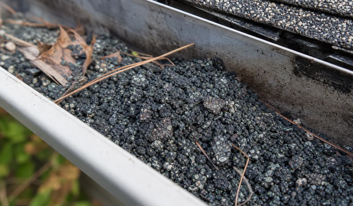Shingle granules in the gutter from an aging roof