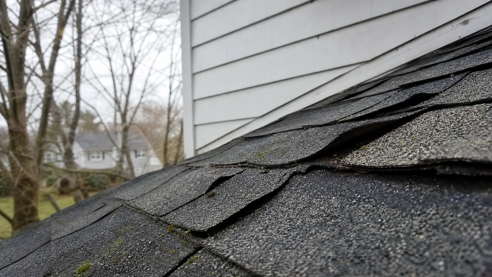 Curling asphalt shingles on an older Newington CT home