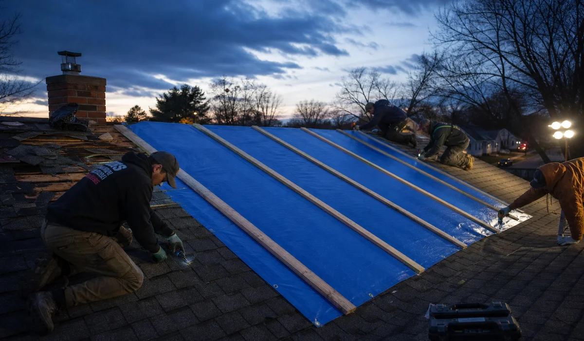 Emergency tarp being installed on a storm-damaged Newington CT roof