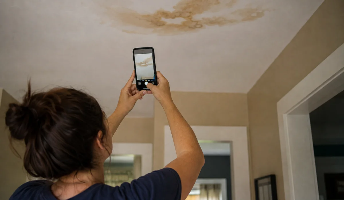 Homeowner documenting ceiling damage for insurance
