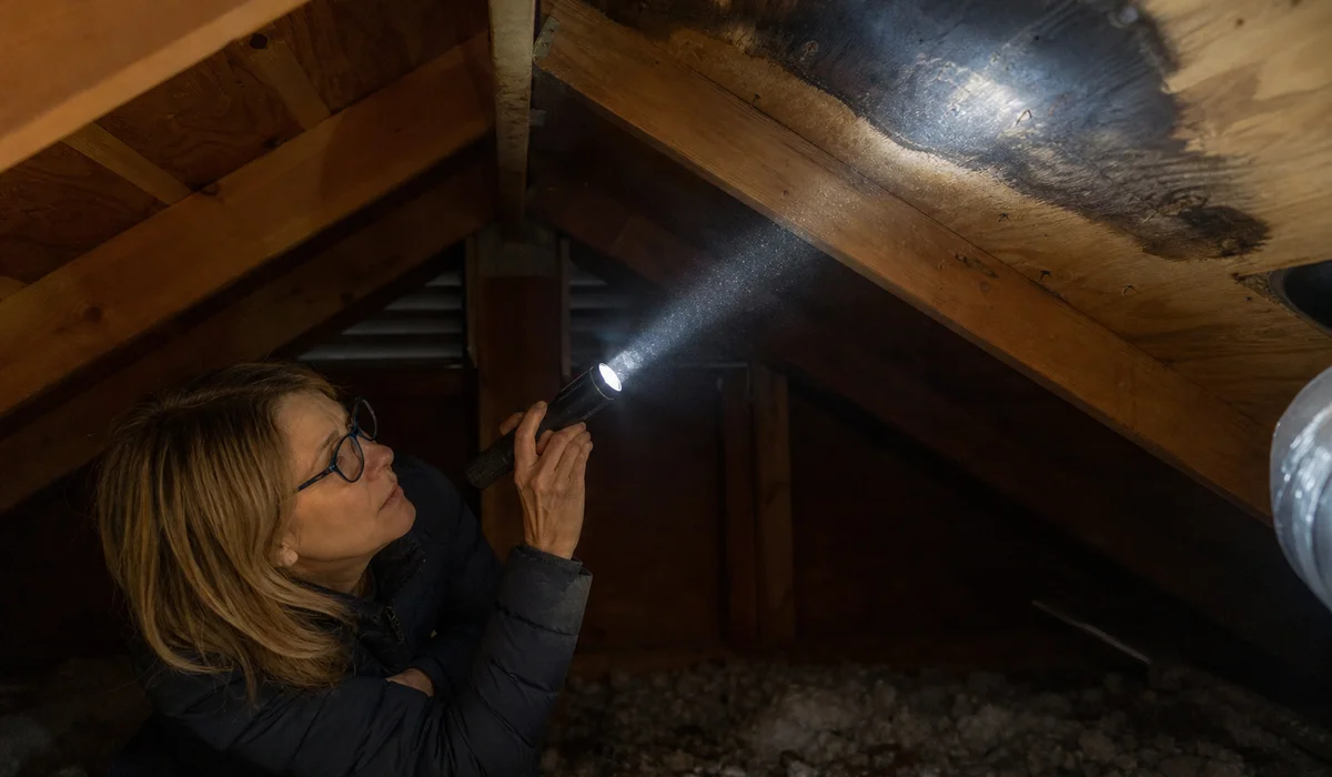Ceiling water stain being investigated in Newington attic