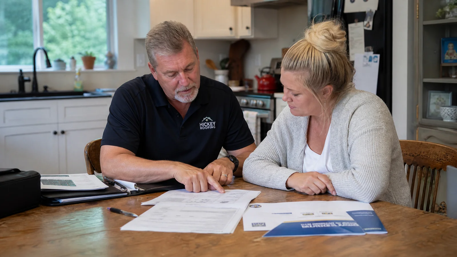 Homeowner and roofer reviewing insurance paperwork
