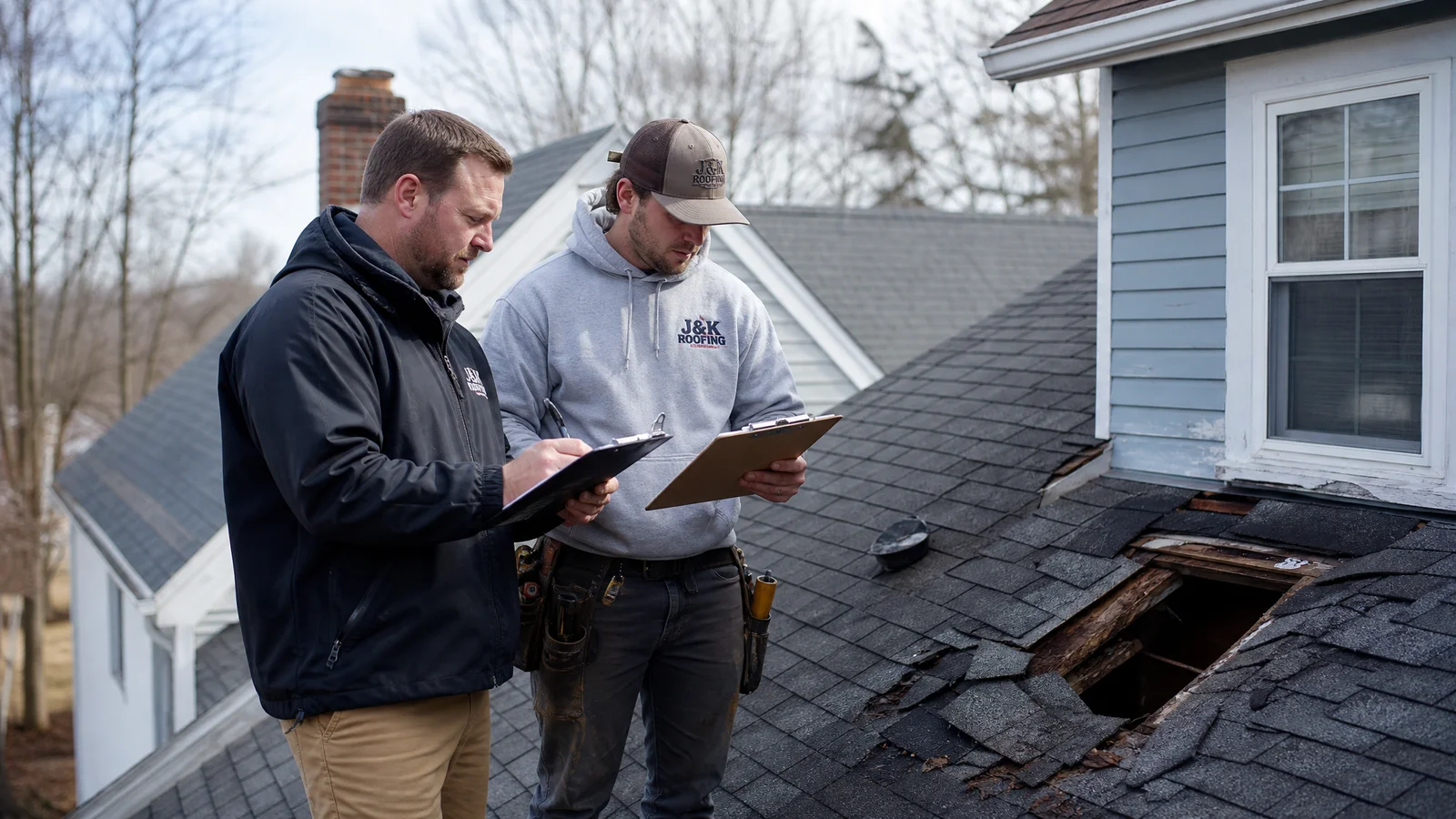 Adjuster and roofer inspecting a CT roof together