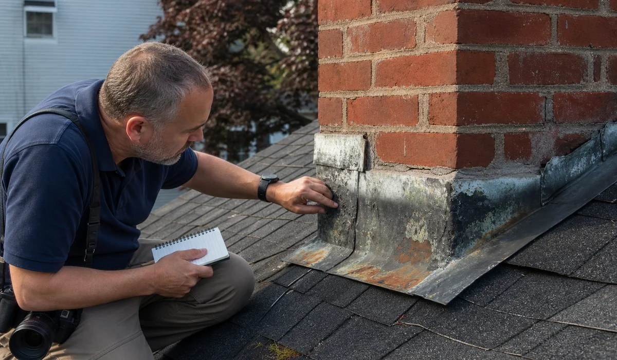 Professional roof inspection at chimney flashing