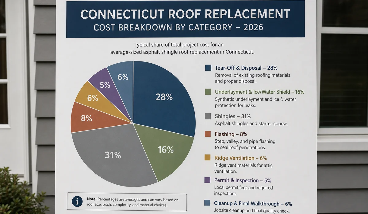 Cost breakdown by category for a CT roof replacement