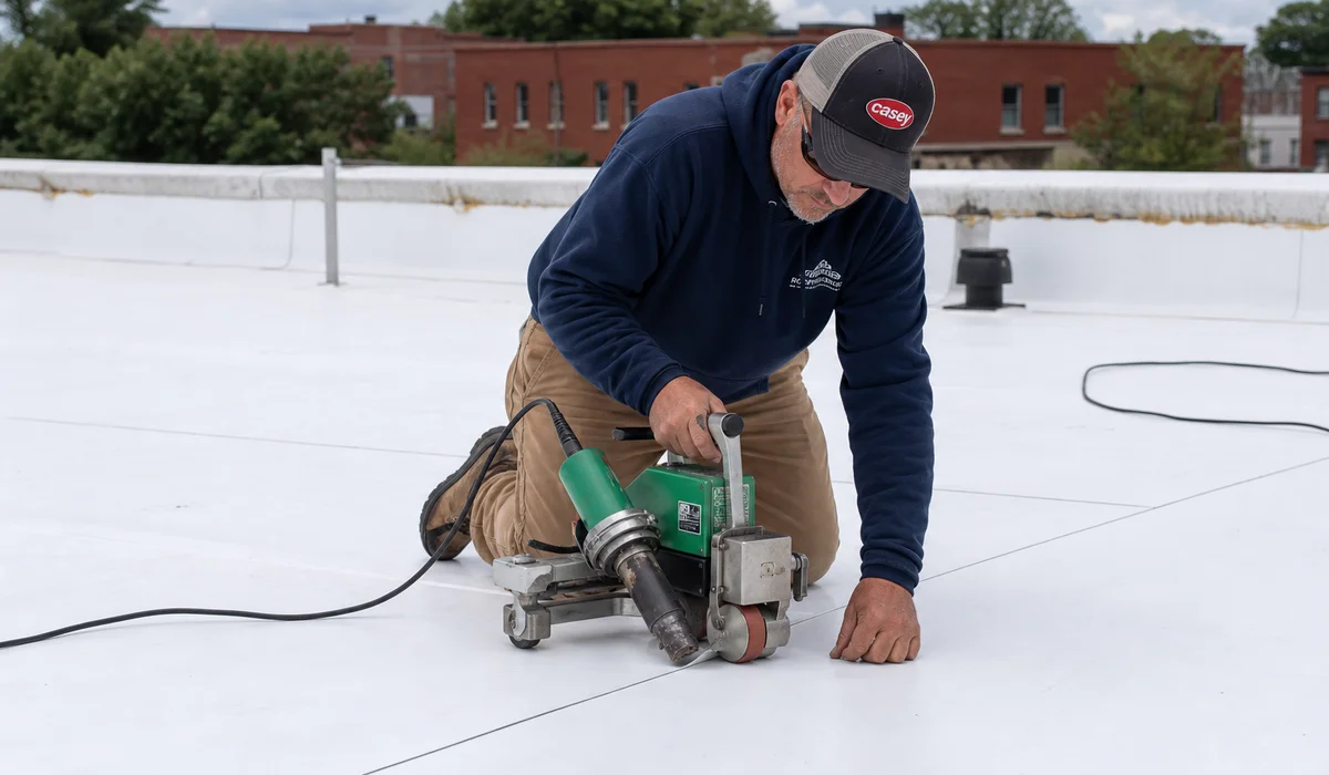 TPO seam being heat-welded on a commercial roof