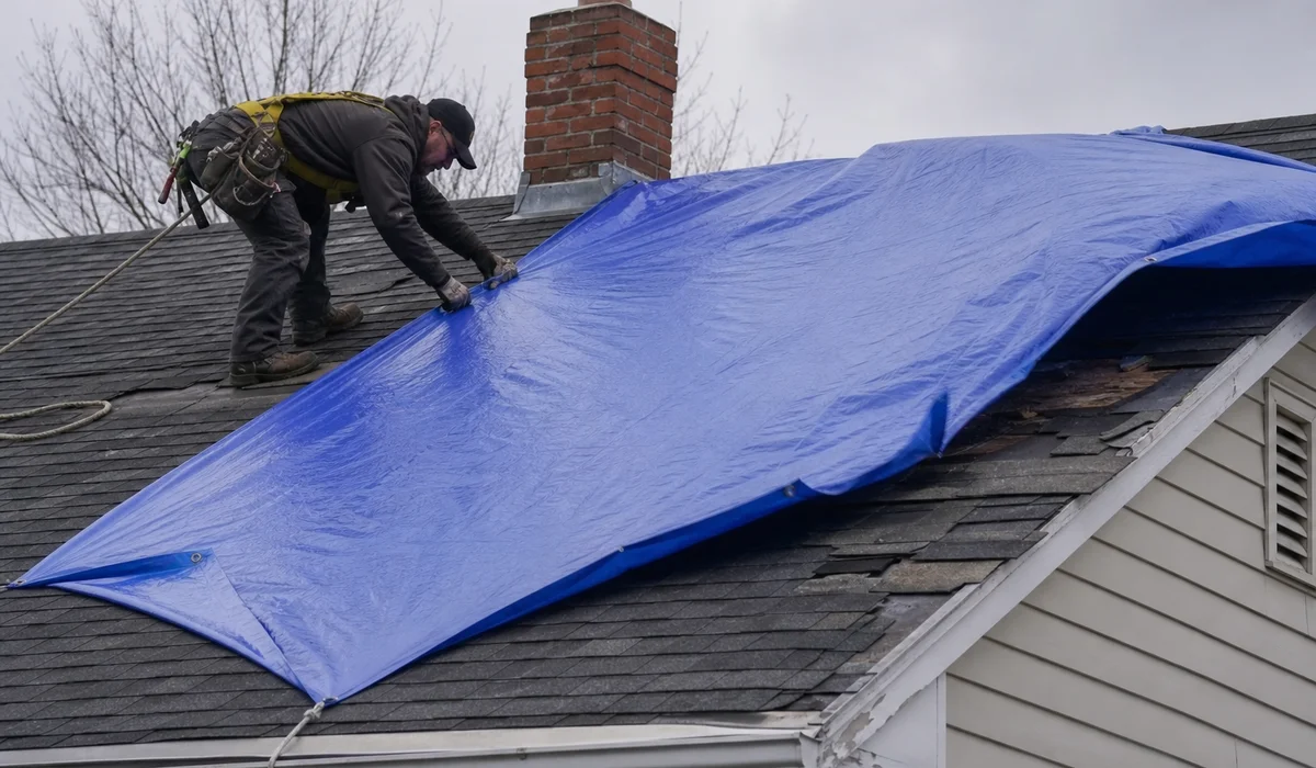 Emergency roof tarping in progress after storm damage in Newington CT