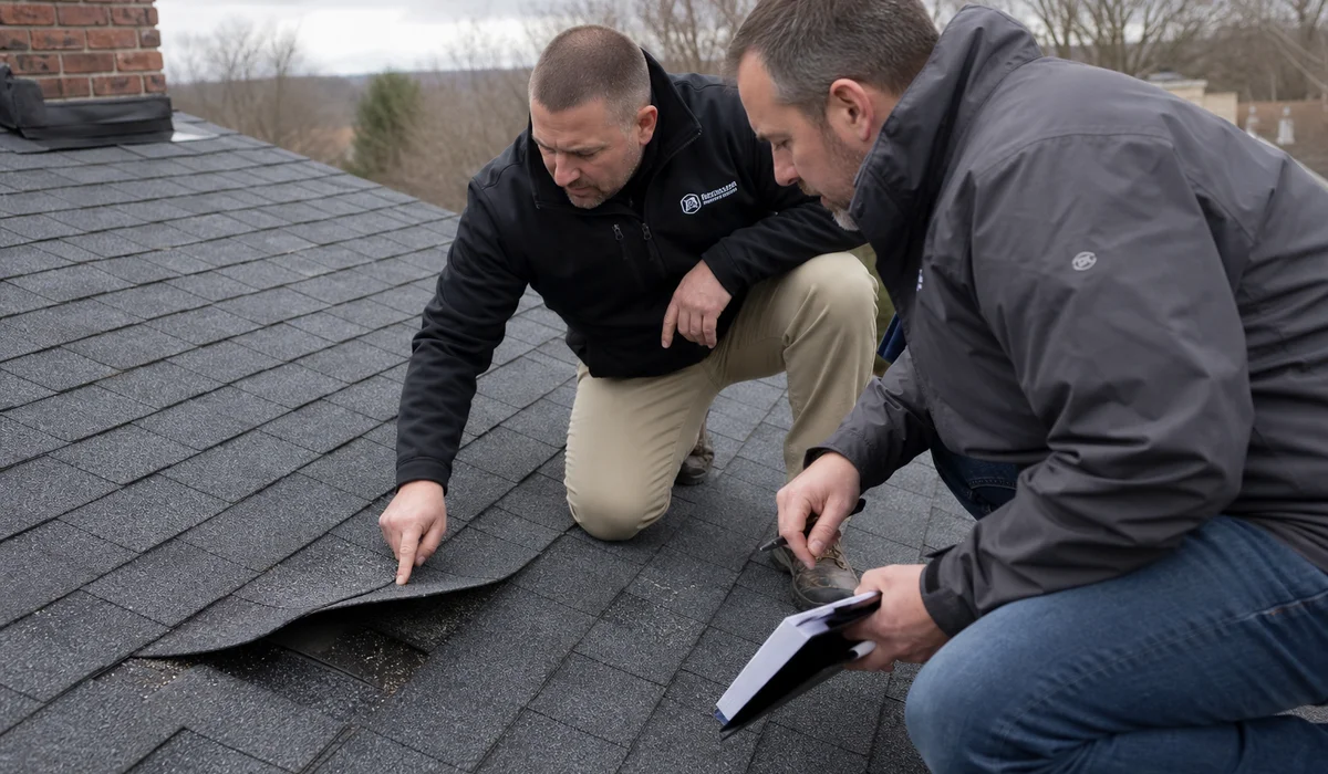 Contractor pointing out damage to an adjuster