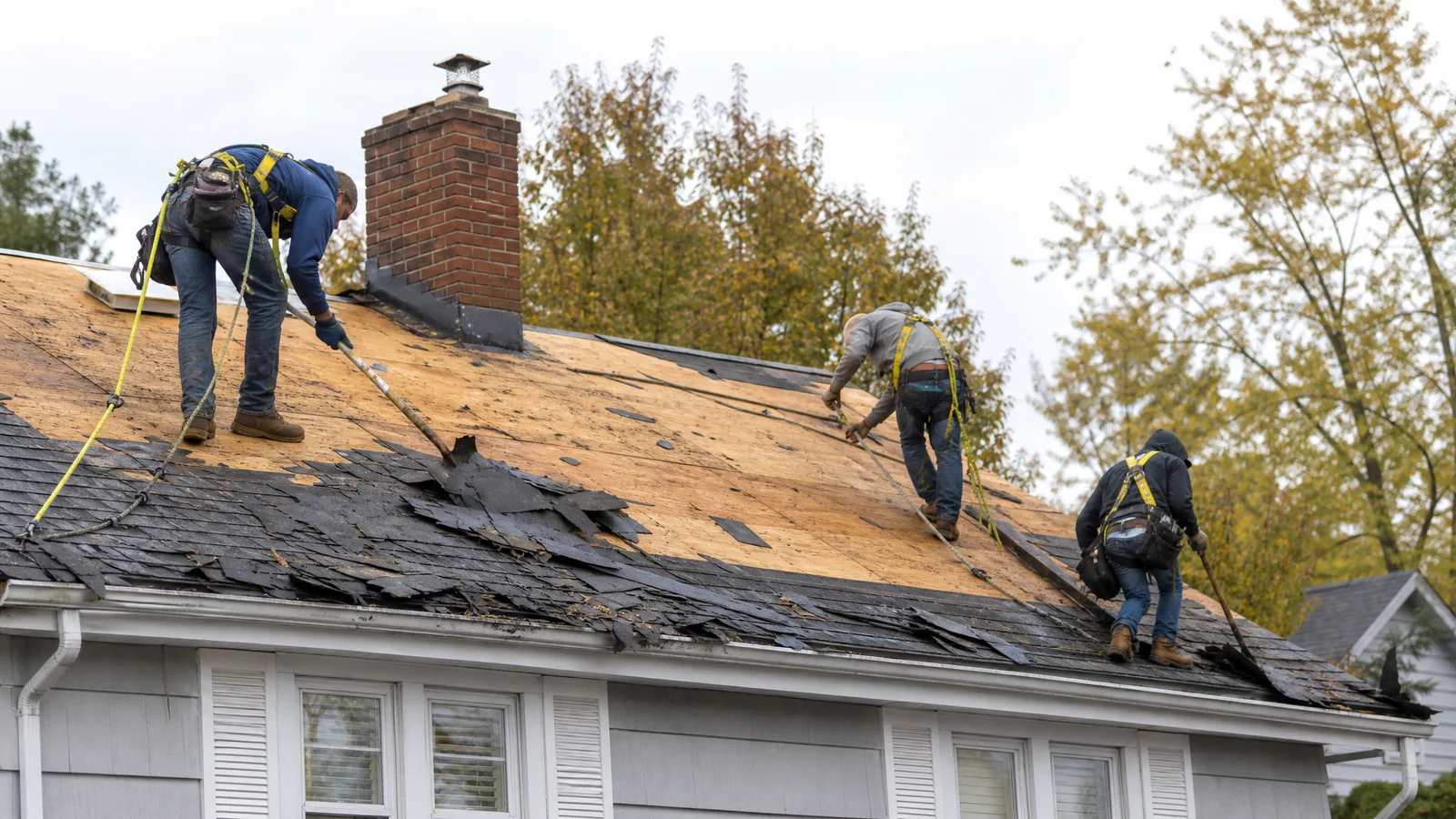 Roofing crew mid tear-off on a Newington home