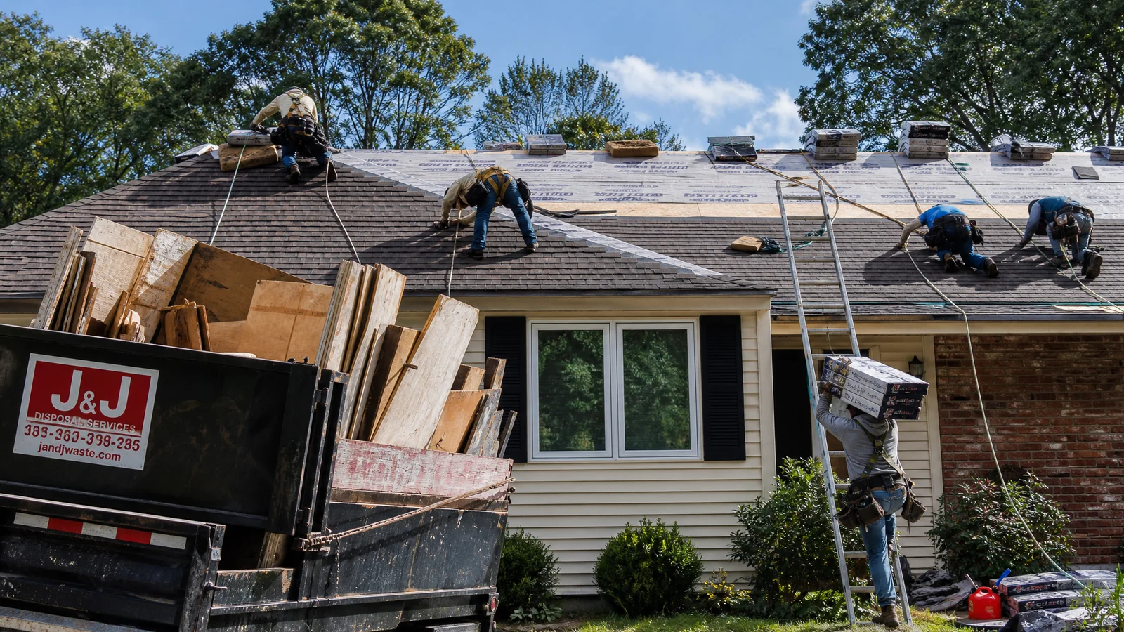 Roofing crew working across a Newington roof on a sunny day