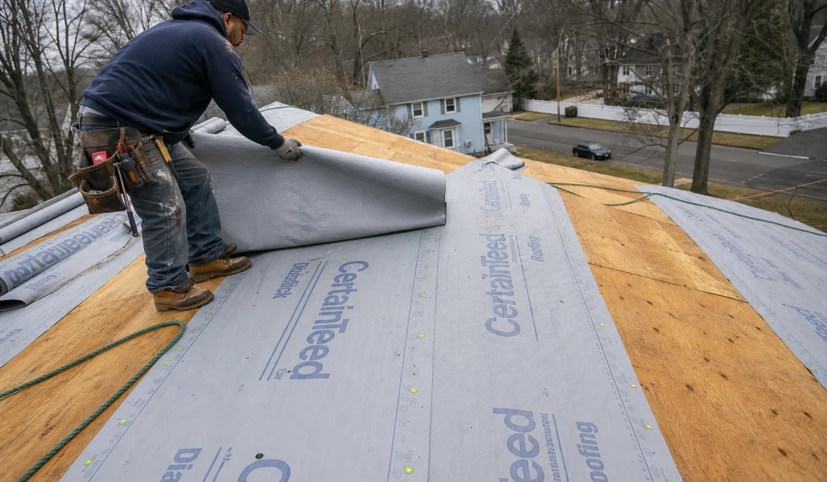 Rolling underlayment during a Newington roof replacement