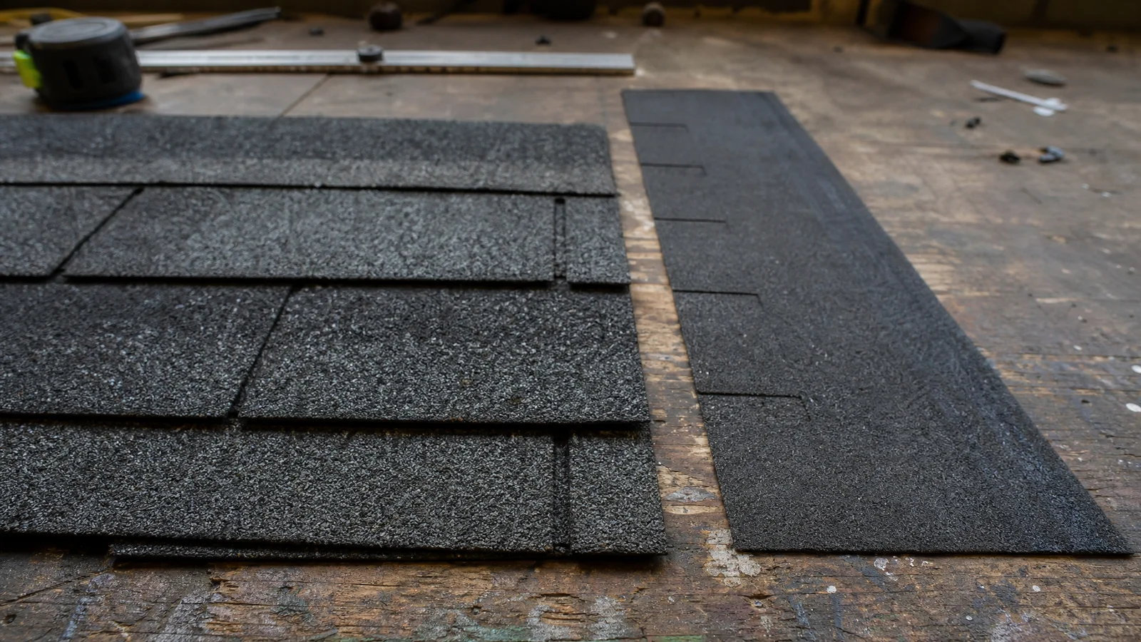 Architectural and 3-tab asphalt shingle samples side by side
