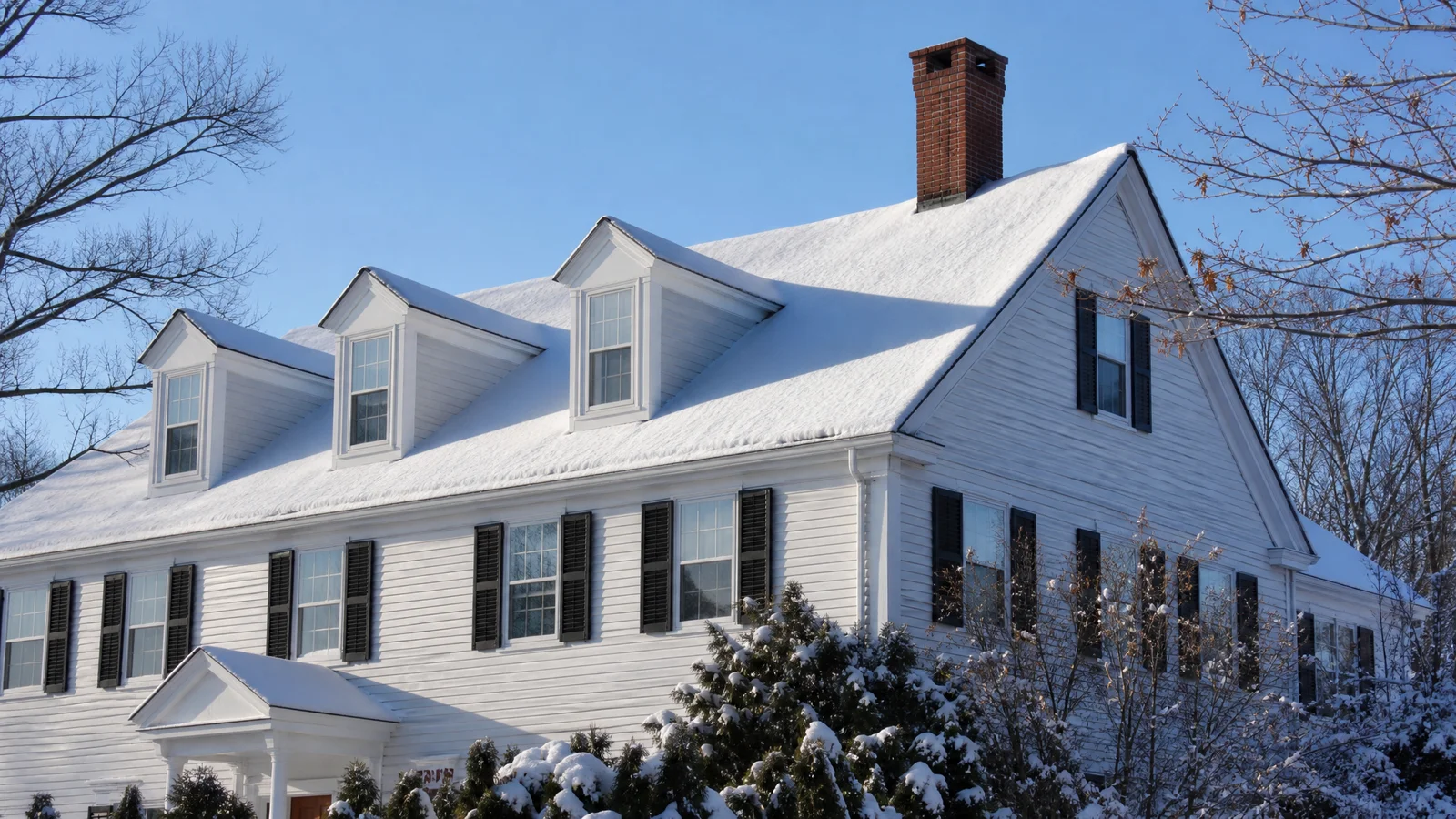 Snow-covered CT roof with no ice dams