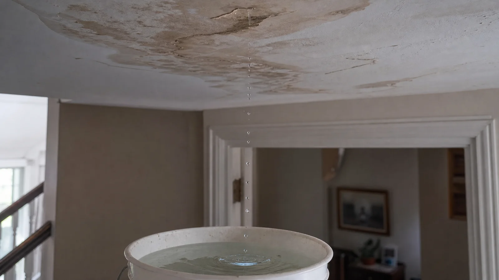 Water dripping through a ceiling into a bucket