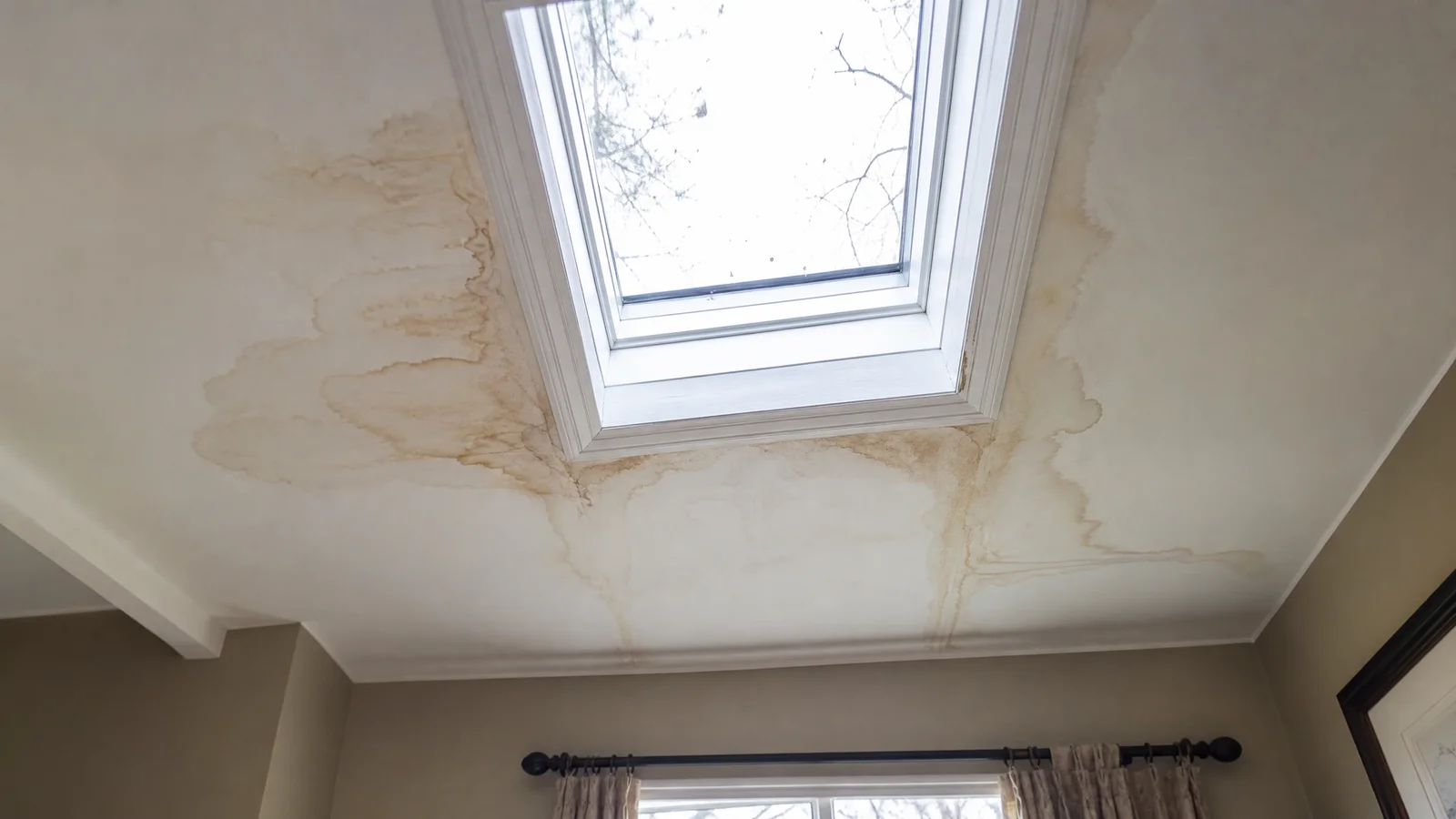 Water stains around a skylight on a ceiling